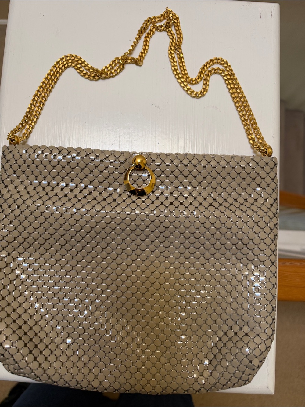 Vintage Whiting & Davis Metallic Mesh Shoulder Bag in Beige & Gold